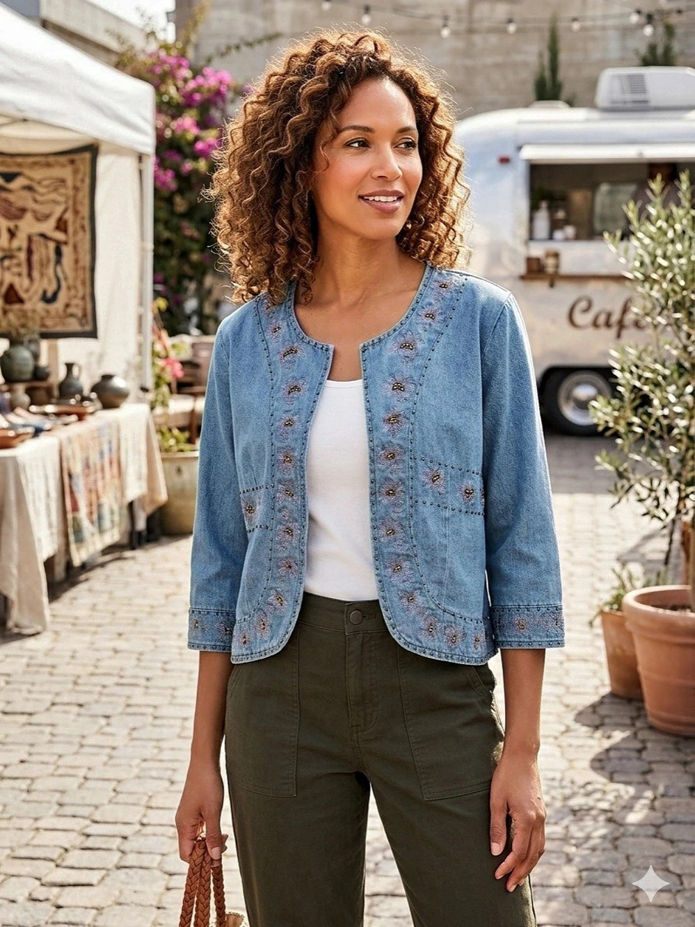 VTG Tantrums Boho Beaded Floral Denim 3/4 Sleeve Bolero Jacket XL